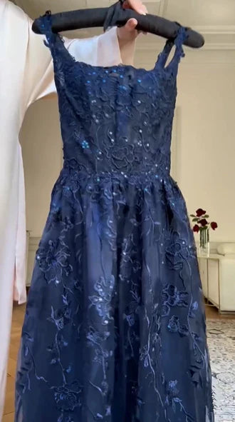 Navy Blue Vintage Fashion Elegant Strapless A-Line Delicate Lace Long Tulle Ball Gown Evening Dress gh3616