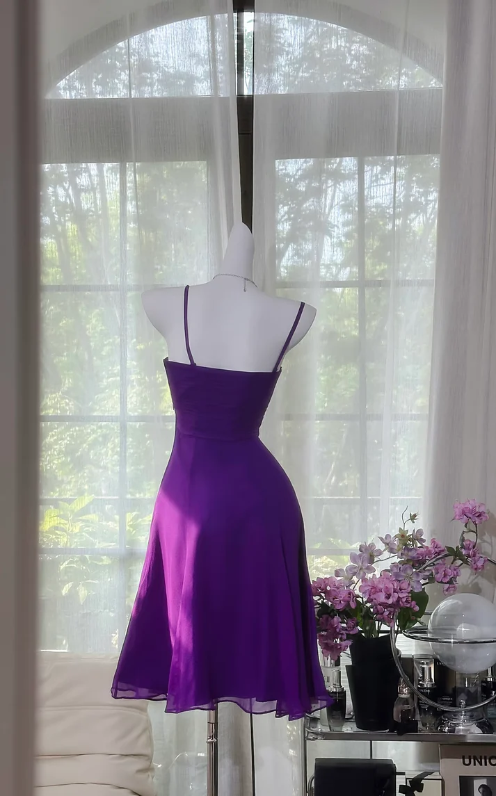 Classy Spaghetti Straps Purple Chiffon A Line Homecoming Dress Short Prom Dress S916