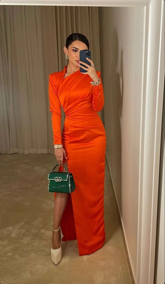 Orange satin evening dress for women long sleeve vintage dress fg5904