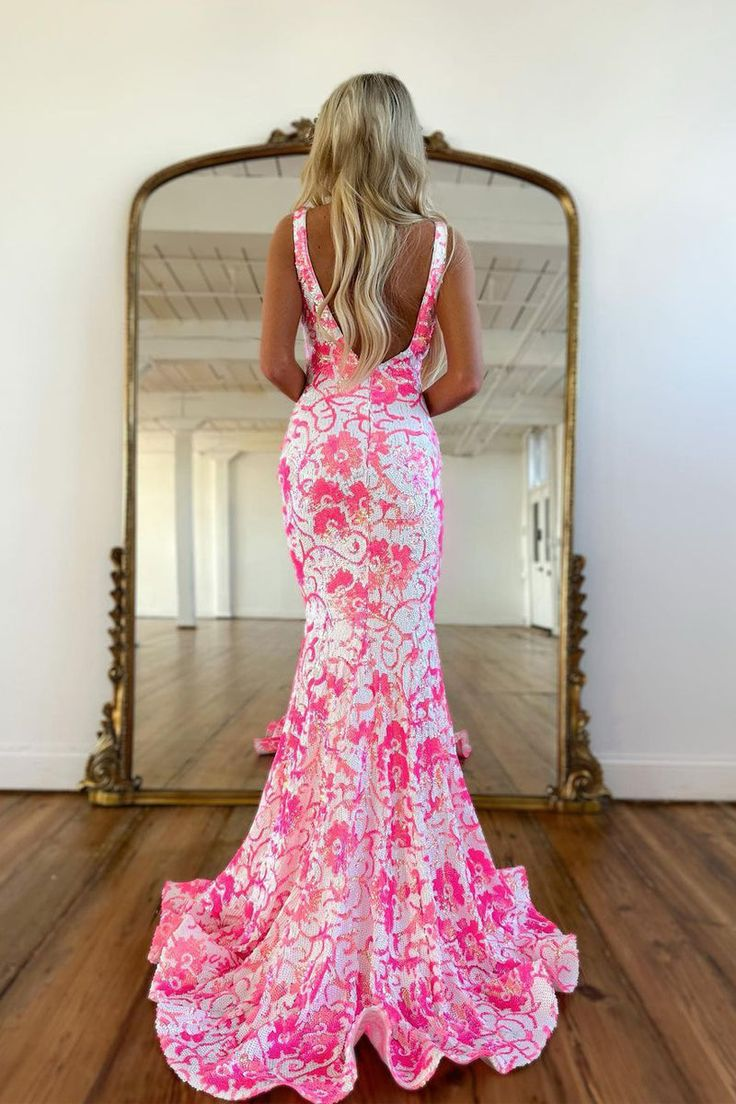Pink V Neck Sequin Lace Mermaid Prom Dress gh2964
