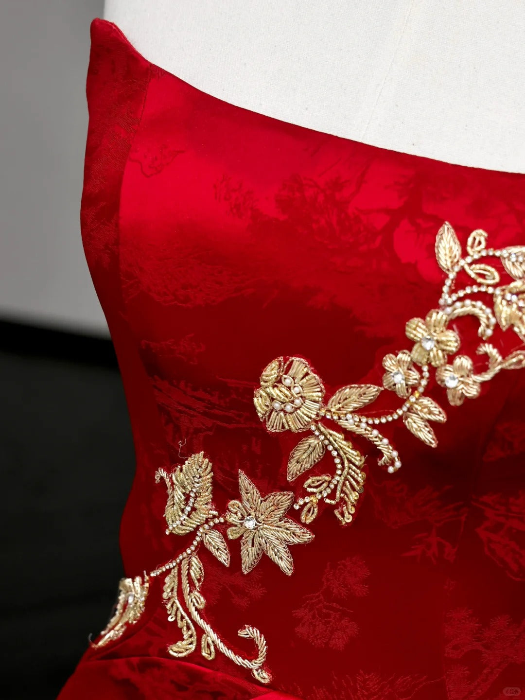 preppydressess -Red floral applique long satin prom dress evening gown party dress gh5113