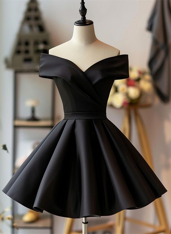 Black Satin Off Shoulder Knee Length Homecoming Dress, Black Party Dress cg25089