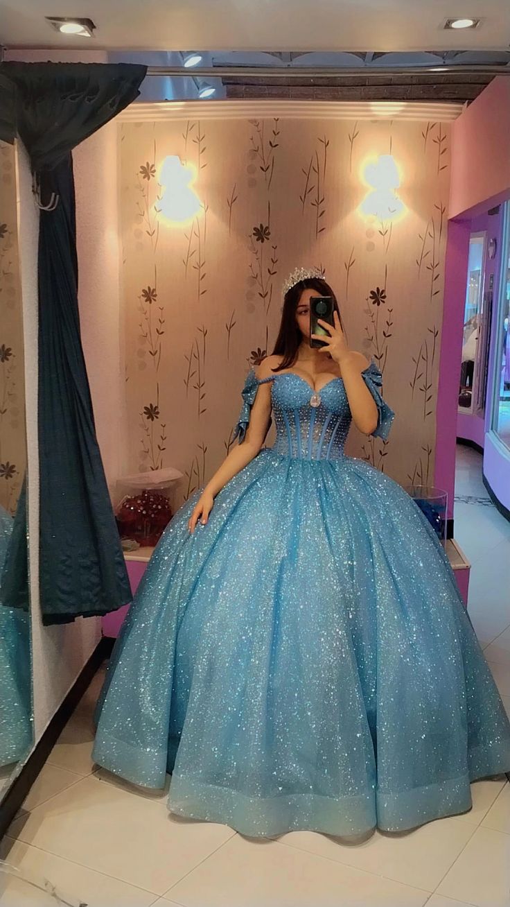 Sparkly Blue Quinceanera Dress Off Shoulder A Line Birthday Party Princess Ball Gown fg7942