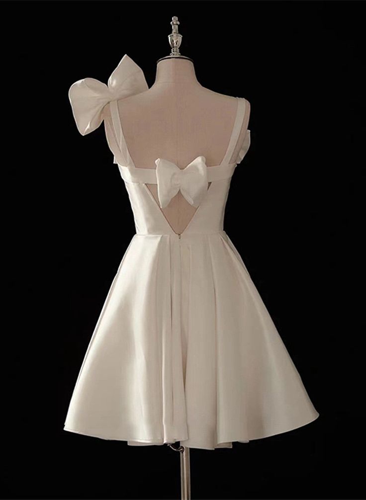 Cute Short White Satin Knee Length Party Dress with Bow, White Graduation Homecoming Dress cg25048