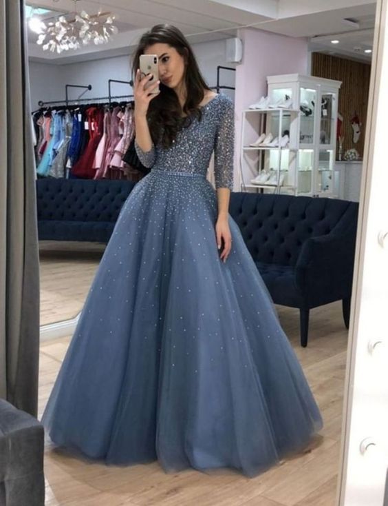 A-line V neck 3/4 Sleeve Elegant Long Prom Dresses Beaded Evening Formal Dress fg5897
