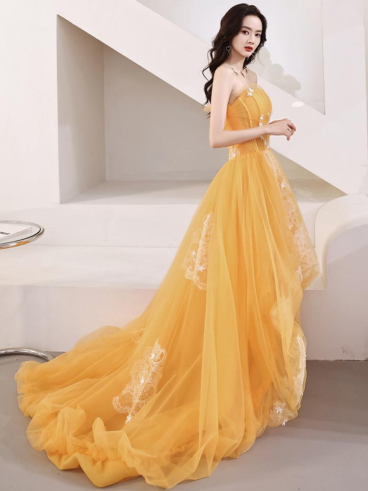 Yellow Unique High Low Tulle with Lace Prom Dress, Yellow Formal Dress Evening Dress KS6238