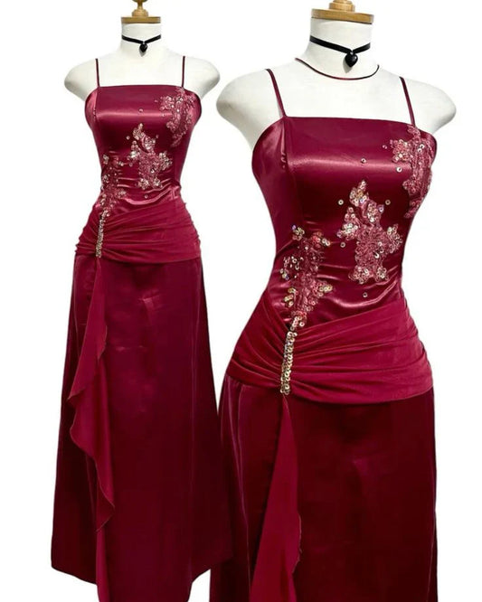 Red Vintage Elegant Delicate Floral Sequin Beading Spaghetti Straps Floor Length Formal Satin Lace Evening Dress Birthday Party Dress Prom Dress gh3832