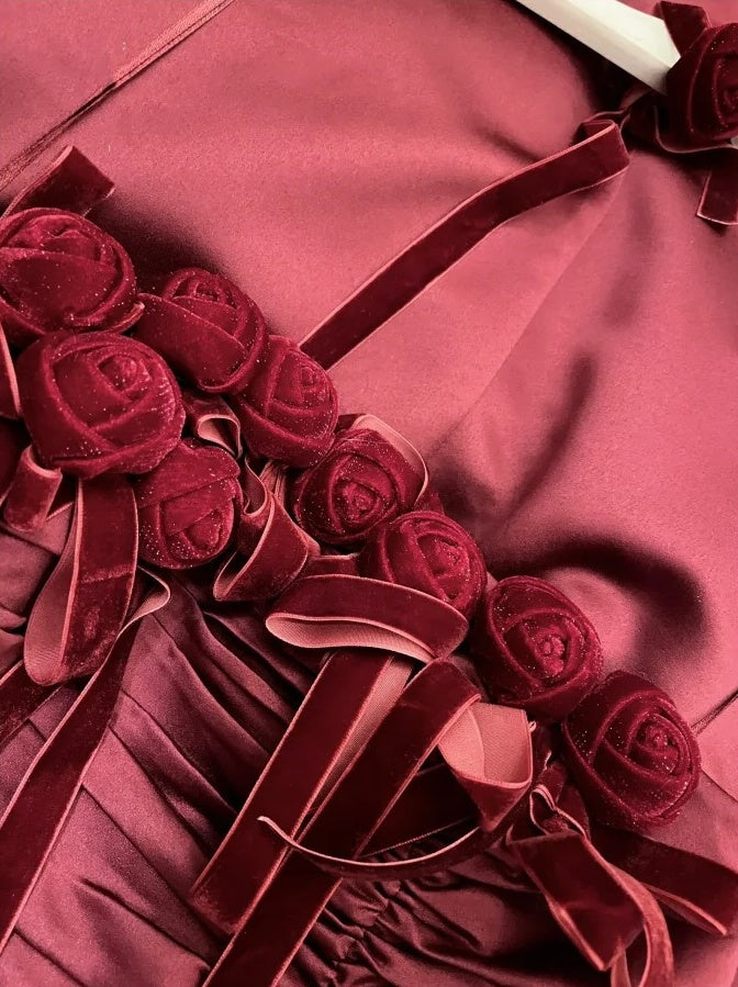 Burgundy Vintage Floral Long Satin Prom Dress Birthday Party Dress Evening Dress gh4412