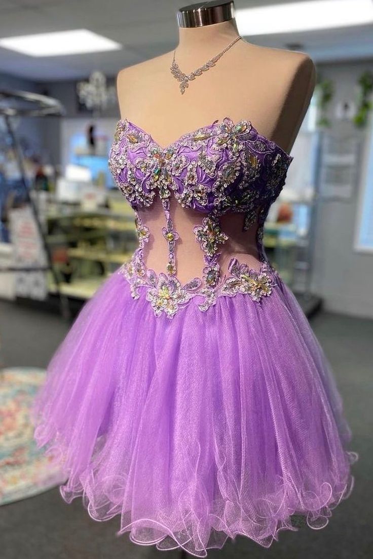 Elegant Strapless Lilac Beaded Short Homecoming Dress fg5673