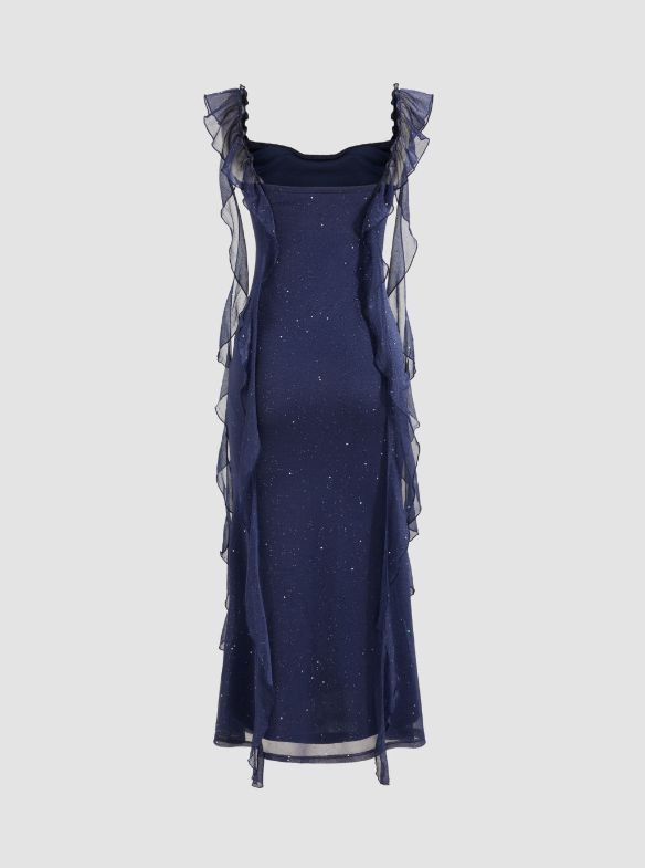 Cowl Neck Sequin Ruffle Maxi Dress Navy Blue Evening Dress      cg25206
