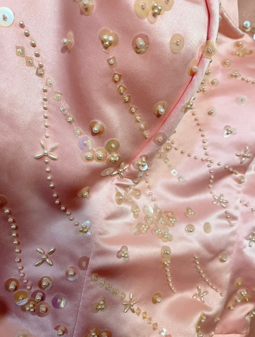 Pink Beaded Elegant Long Satin Ball Gown Evening Dress Party Dress gh4466