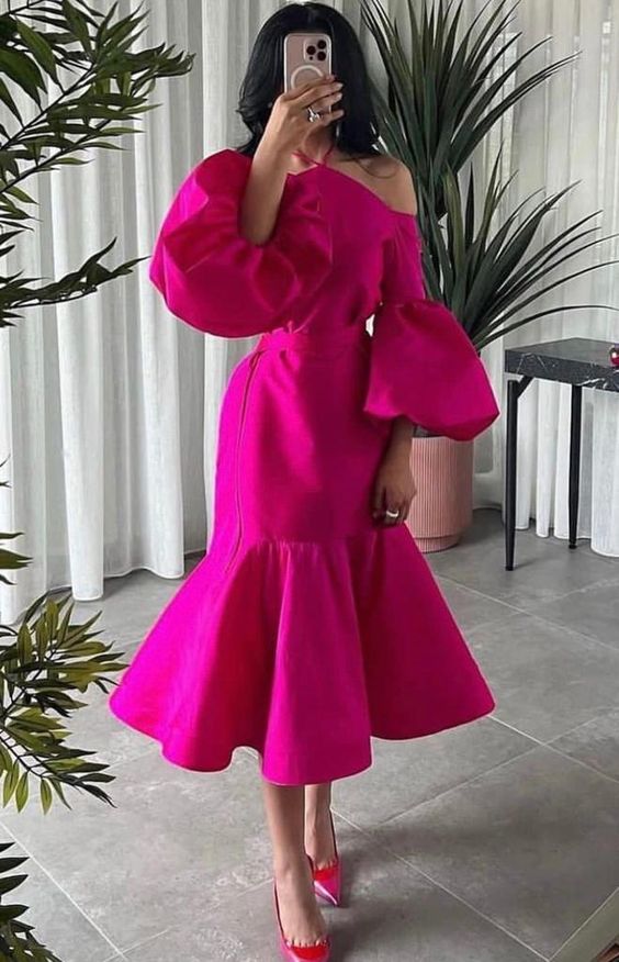 Hot Pink Halter Prom Belt Puff Sleeve Midi Party Dress Elegant Dubai Evening Dresses fg5903