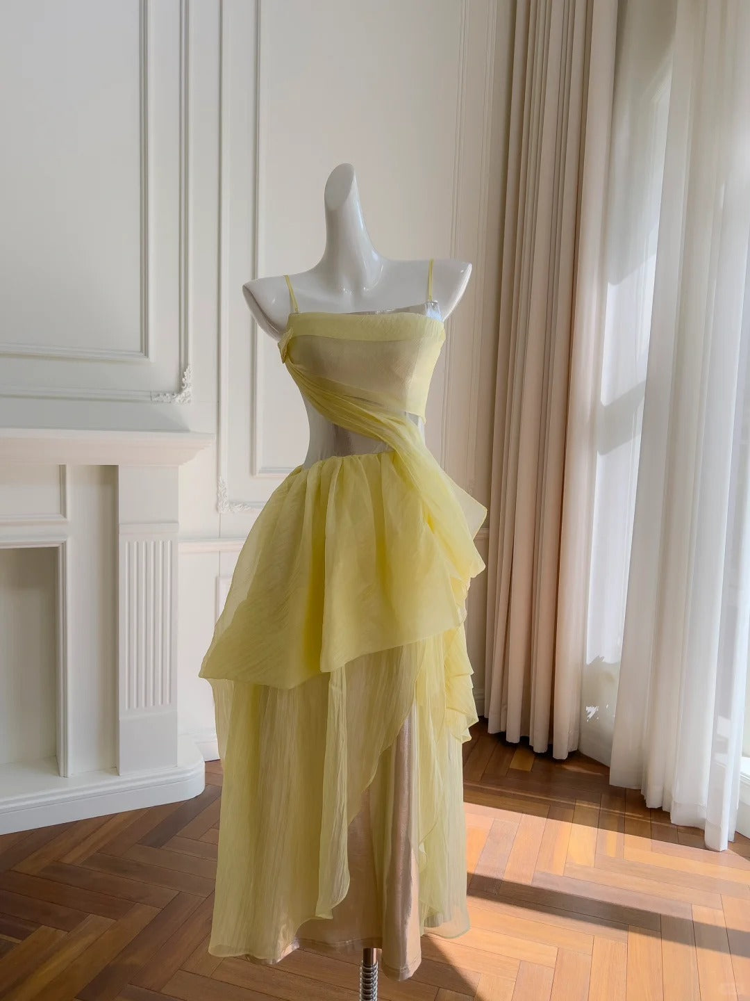 Yellow Silver FuturisticFlowing Long Chiffon Ball Gown Party Dress gh4404
