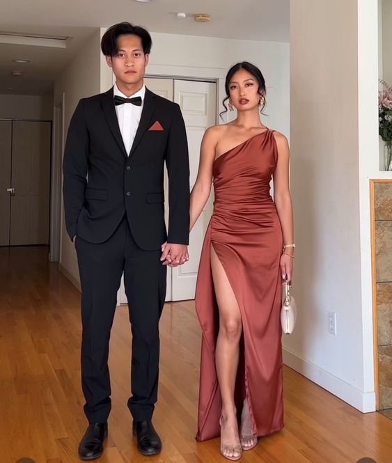 Rust one shoulder sexy split evening dress fg5753