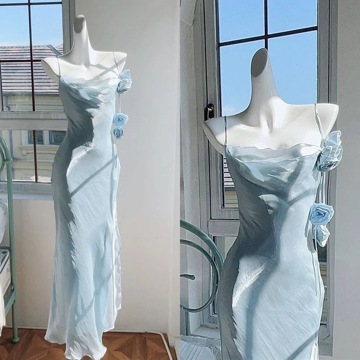 Elegant Spaghetti Strap Women's Dress Rose Decoration Pleated Boat Neck Irregular Birthday Party Gown fg5845