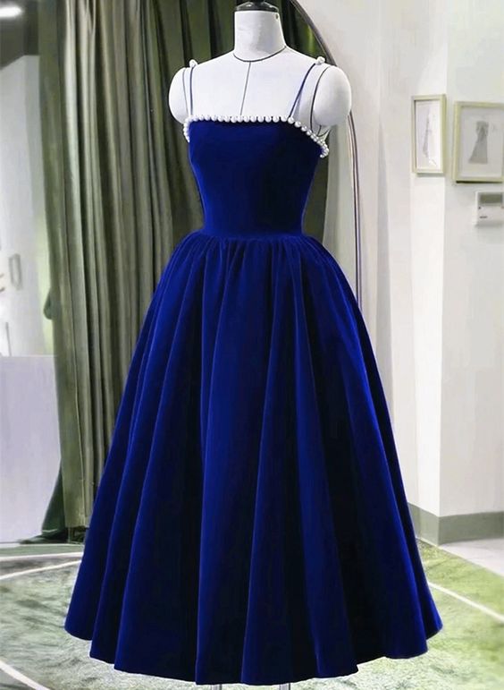 Blue Tea Length Velvet Straps Pearls Formal Dress, Blue Homecoming Dress cg25083