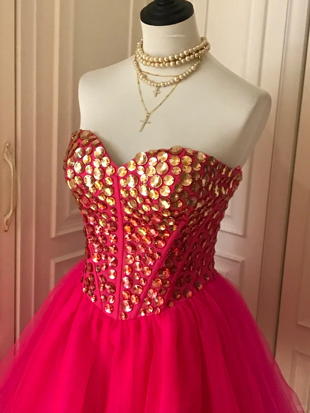 _¤ï_Pink retro noble princess short homecoming dress sequined tulle ball dress evening dress gh4392