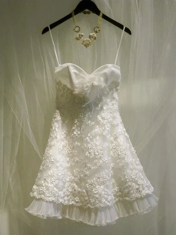 White A Line Spaghetti Strap Lace Tulle Short Homecoming Dress Party Gowns SH3629