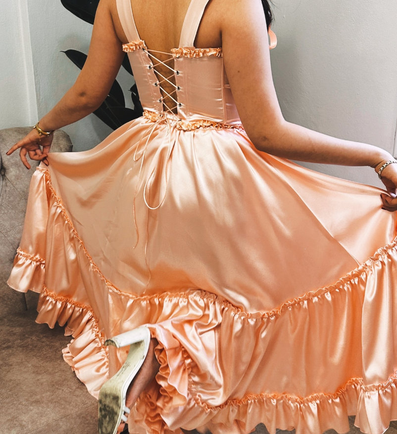 Princess A Line Straps Ruffles Light Pink Satin Prom Dress Evening Dress SH2145