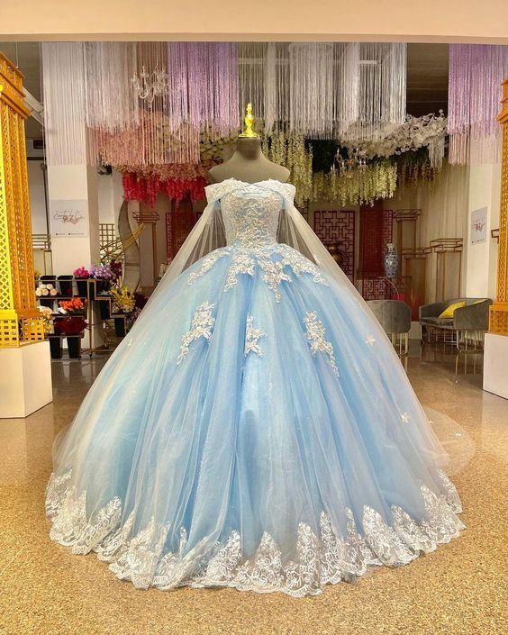 Gorgeous Blue Quinceanera Dresses With Cape Luxury Flowers Corset Ball Gown Princess Birthday Party Dress Sweet 15 Vestios Gala fg5745