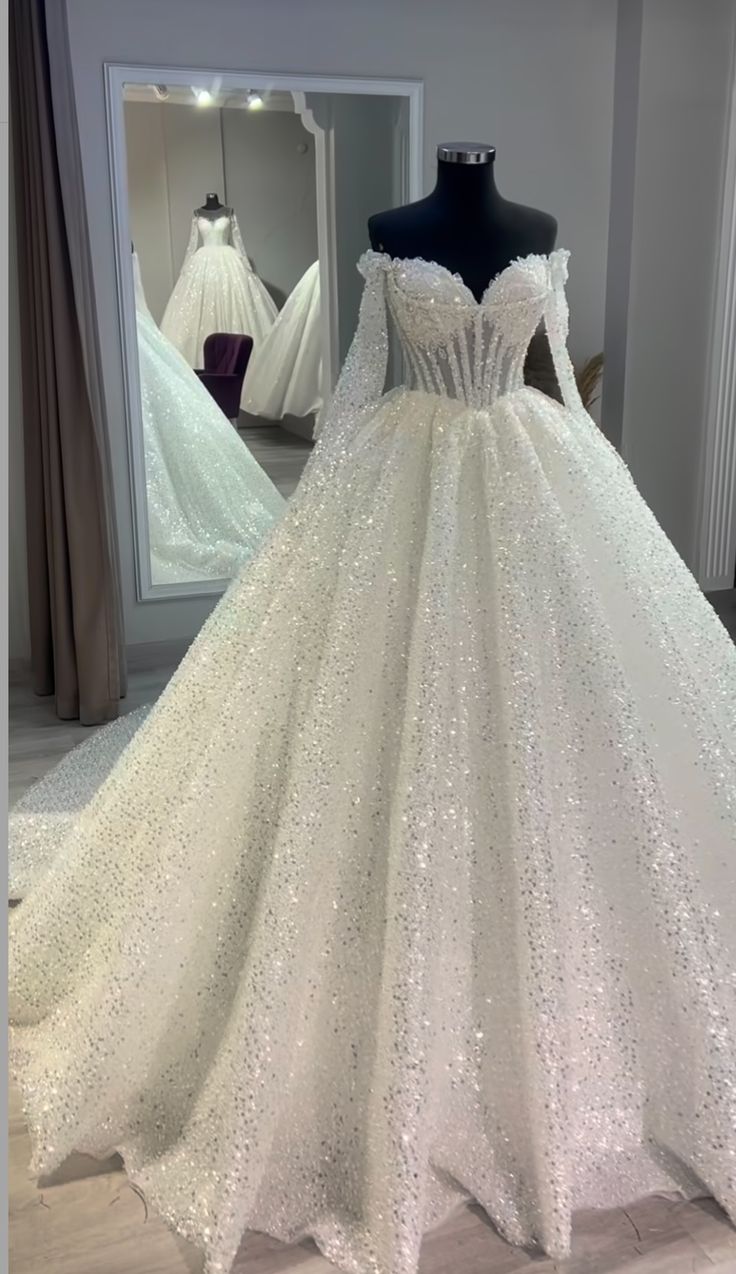2025 Luxury Ball Gown Wedding Dress Sweetheart Sequins Long Sleeves Bridal Bride Gowns cg26025