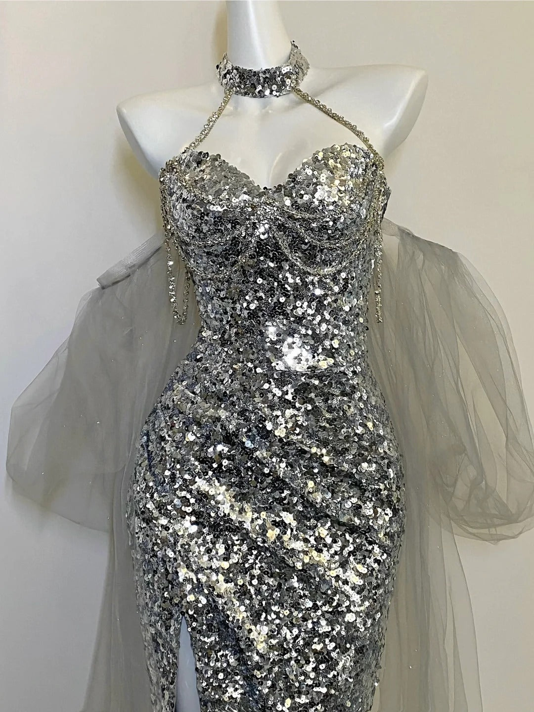 Silver halter neck dress high-end niche silver dress shoulder chain ball dress evening dress gh4330