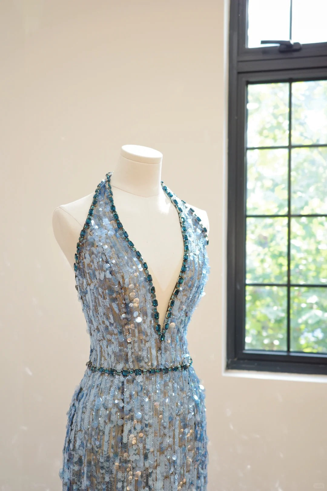 Blue fashion V-neck long sequined Prom dress evening dress gh5069