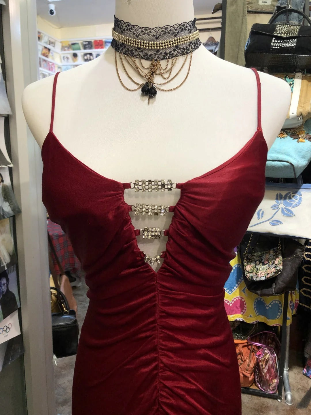 Burgundy Stunning Fashion Retro Elegant Exquisite Rhinestone Spaghetti Straps Long Satin Sexy Backless Prom Dress Evening Dress Birthday Party Dress gh4147
