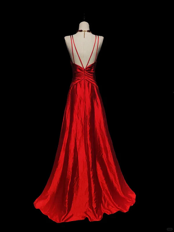 Red shiny fashion elegant V-neck long mermaid slim fishtail skirt satin floor-length train ball gown evening dress party dress prom dress gh3819