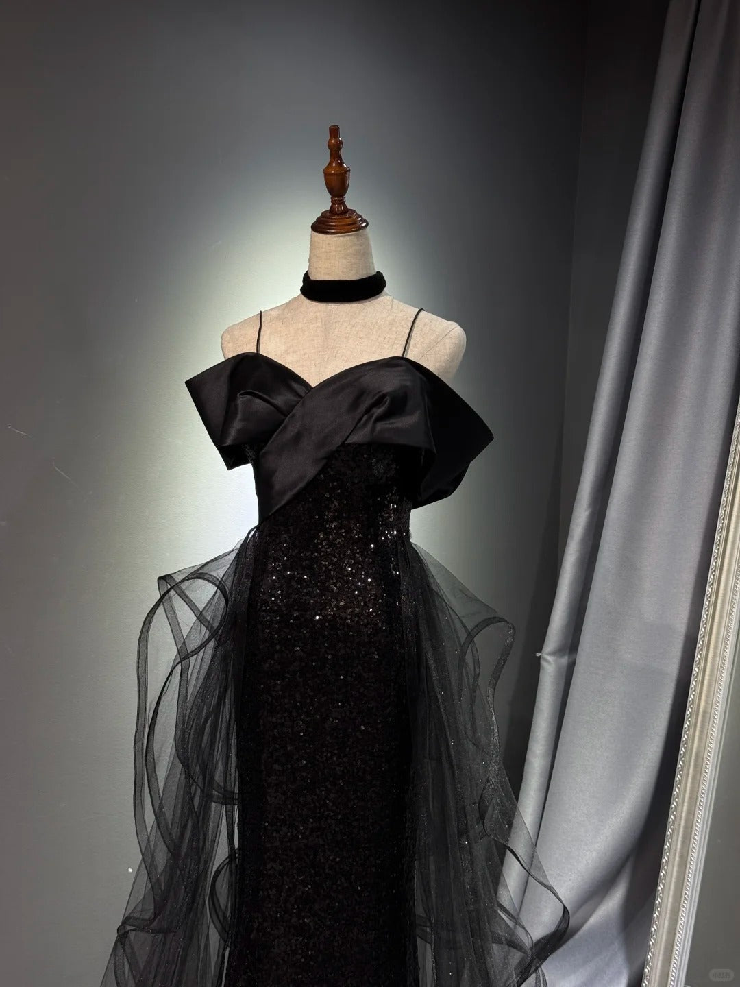 preppydressess -Black shiny elegant long sequined tulle Prom dress evening gown graduation dress gh5107