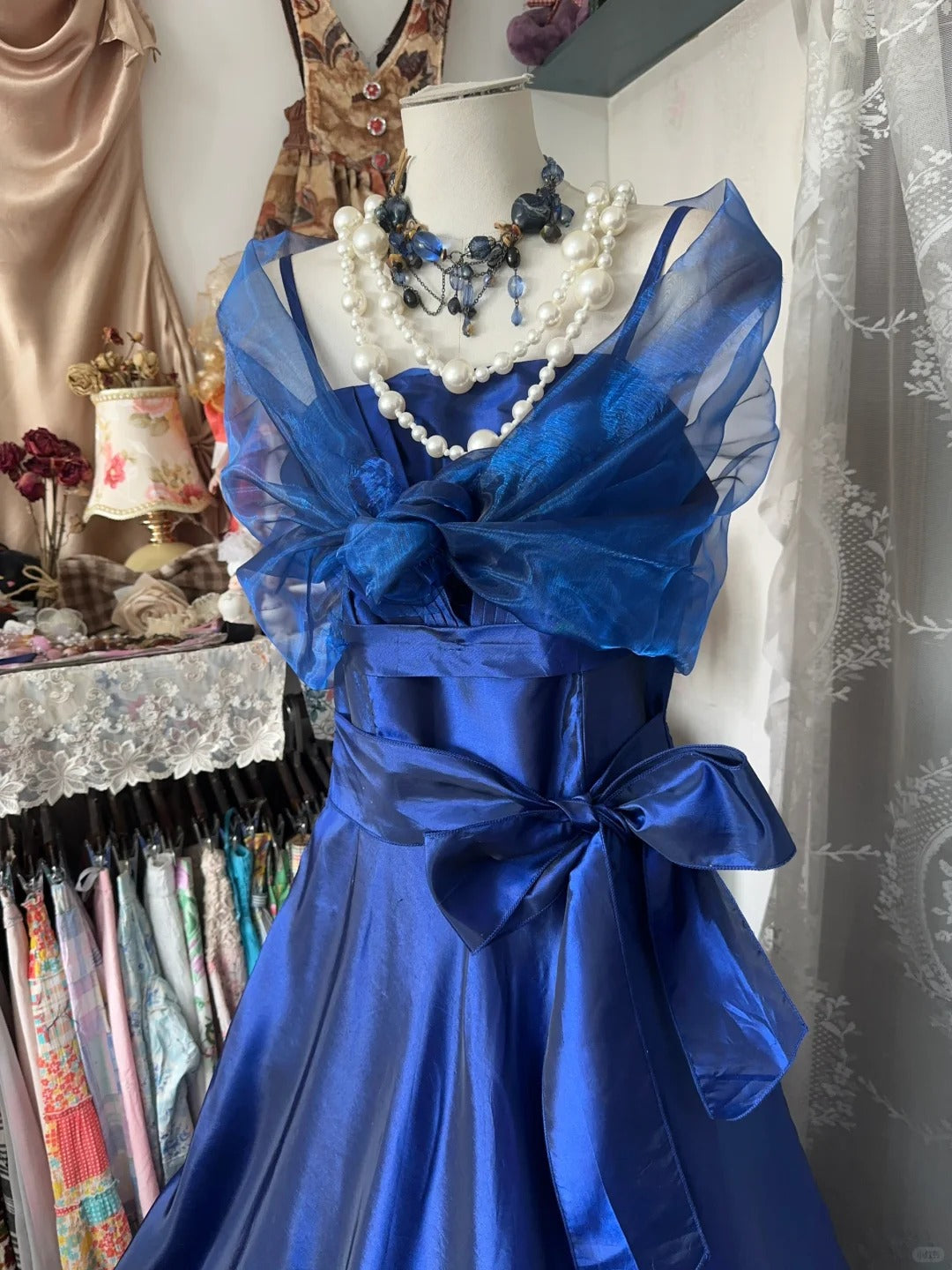 Blue long stylish elegant satin ball gown evening dress gh4472