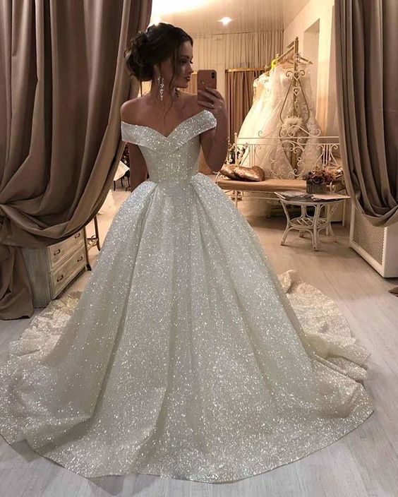 Sparkly Bling Bling Sequins Ball Gowns Wedding Dresses Off Shoulder cg25139