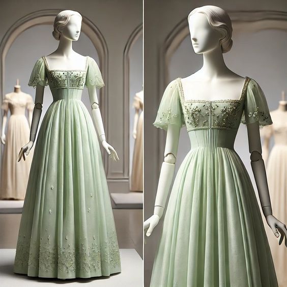 Green Tulle with Short Sleeves Formal Dress, Green Sweet Gown fg6442