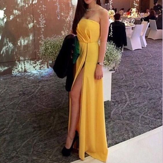Sexy Yellow Long Slit Party Dresses, Yellow Formal Dresses, Prom Dresses cg6112