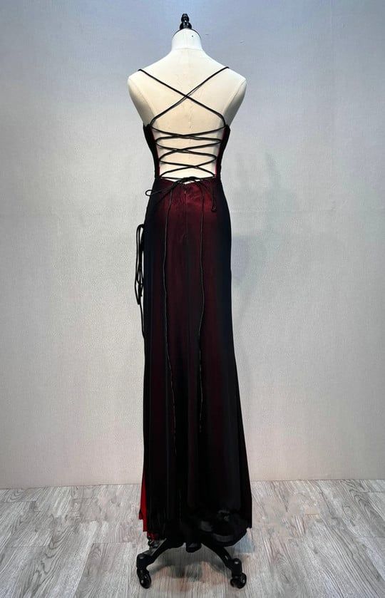 Black And Red Mermaid Straps Long Evening Dress, Long Prom Dress With Leg Slit fg6203