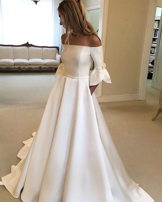 Elegant Off-Shoulder Satin Wedding Dress with Bow fg6426