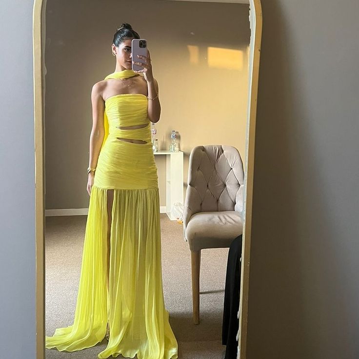 Strapless Yellow A Line Long Prom Dress Formal Party Gown fg6457