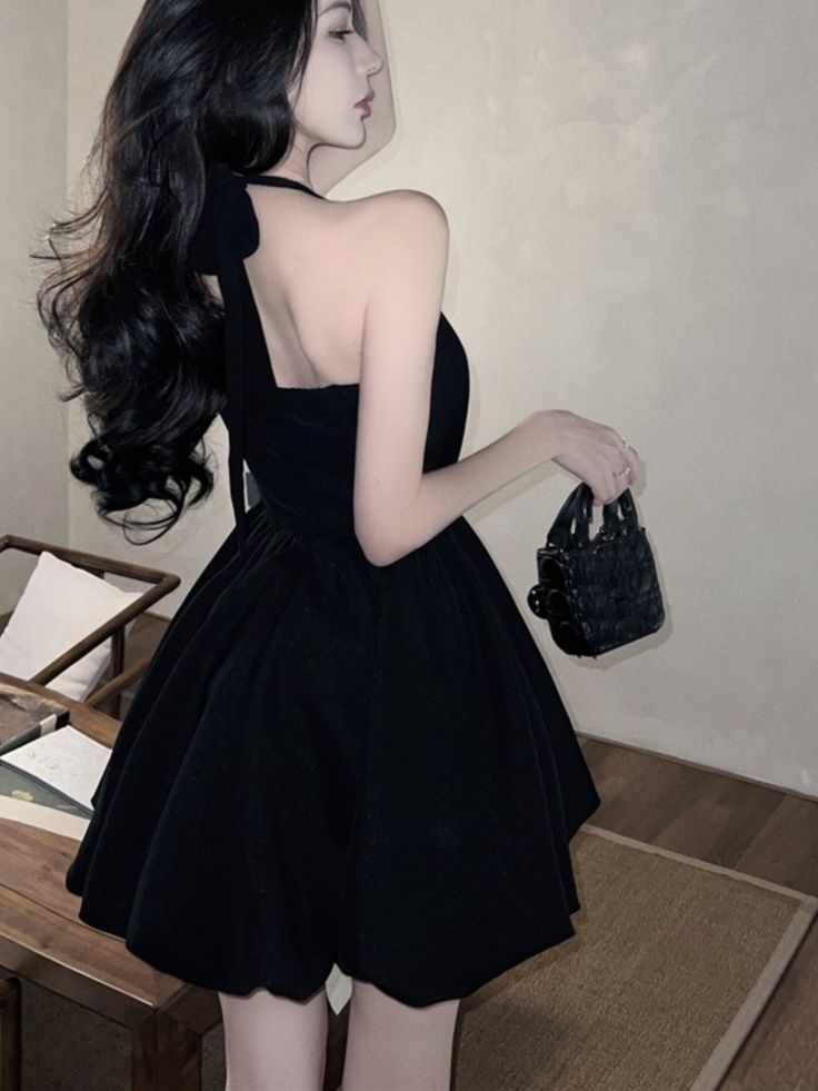 Halter Black Short Dress Women New Summer Sleeveless A-line Evening Party Dresses       fg6144
