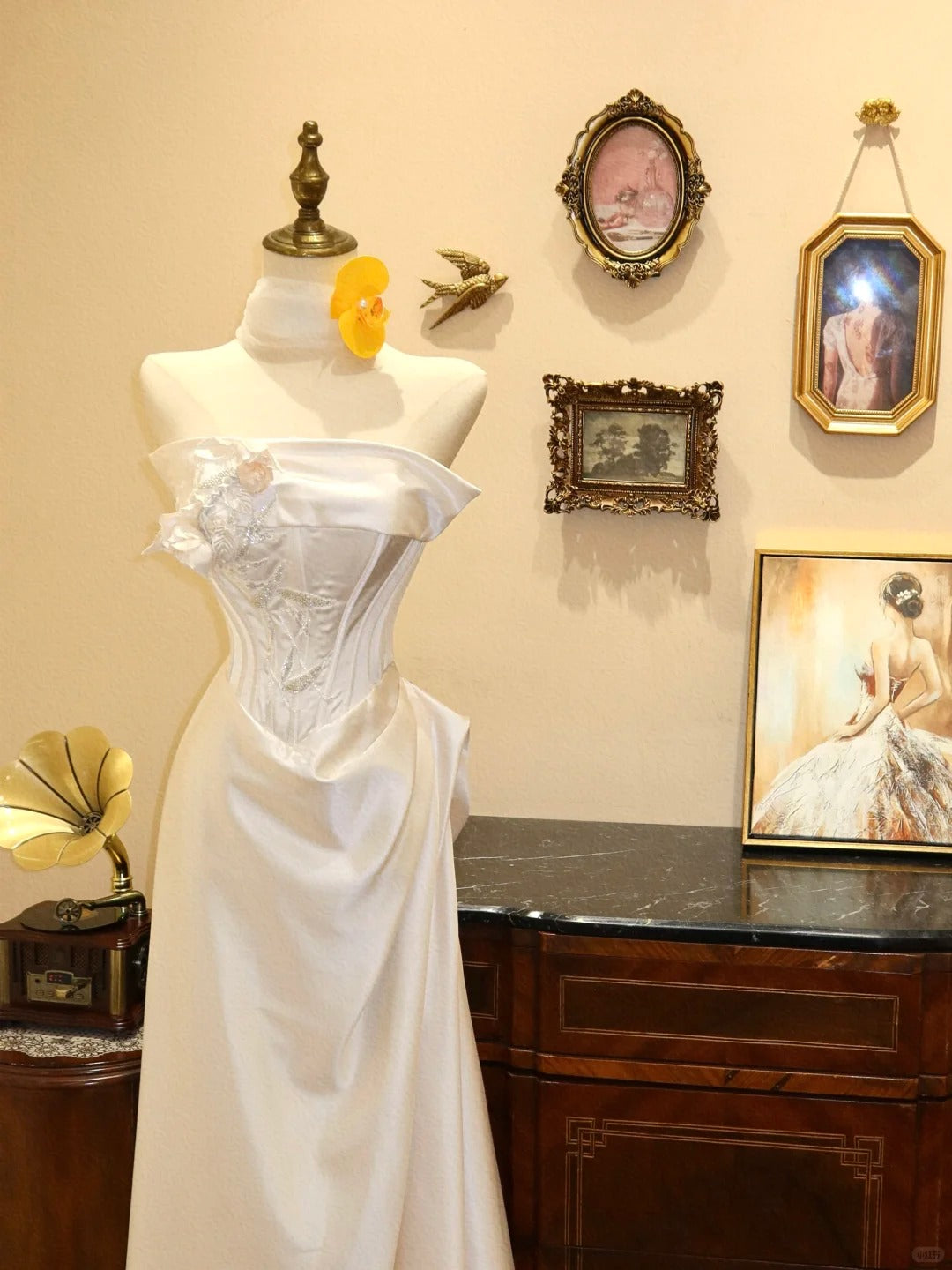 White Floral Long Satin Ball Gown Evening Gown Wedding Dress gh4491