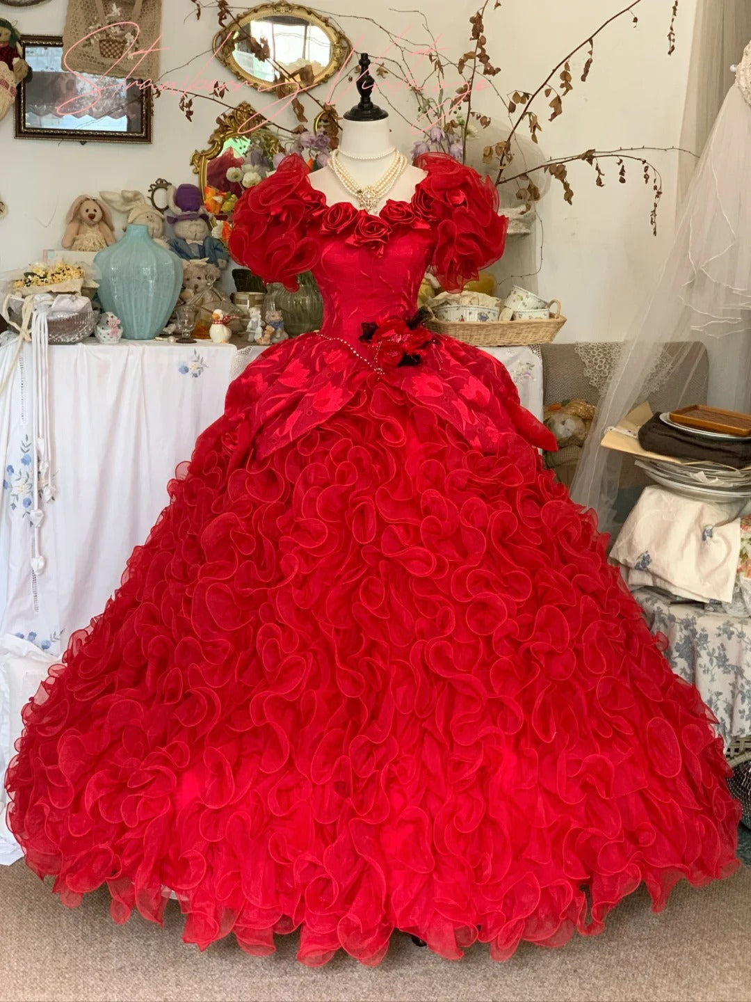 Red Floral Long Tulle Ball Gown Evening Dress Quinceanera Dresses Wedding Dress gh4574