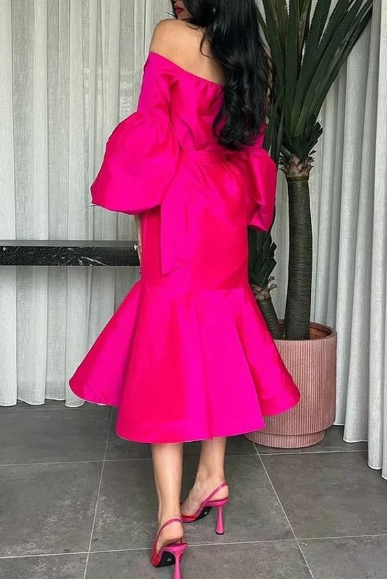 Hot Pink Halter Prom Belt Puff Sleeve Midi Party Dress Elegant Dubai Evening Dresses fg5903