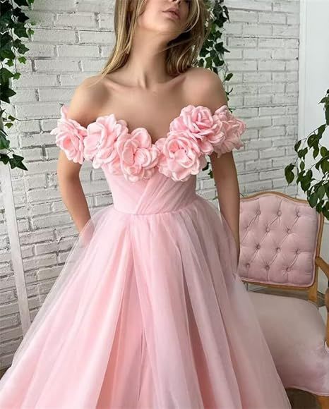 Pink Floral Prom Dresses, Off The Shoulder Evening Gown, Tulle Long Prom Dress fg4679