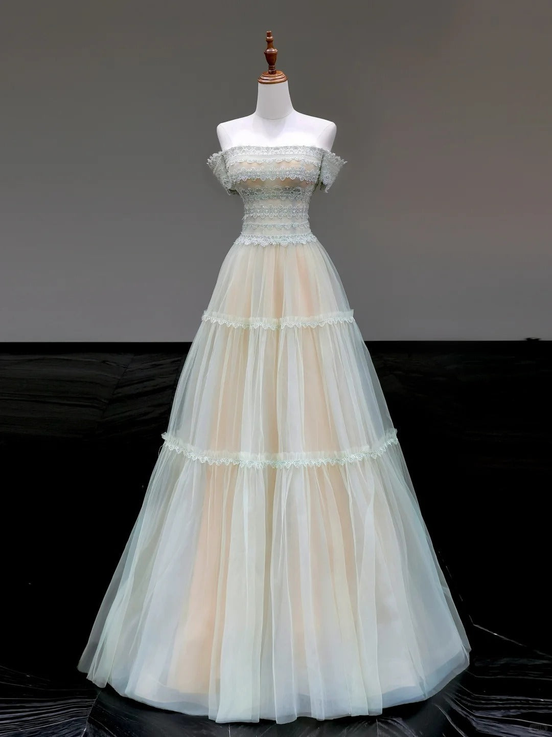 Mint green elegant lace long tulle prom dress evening dress party dress gh5124