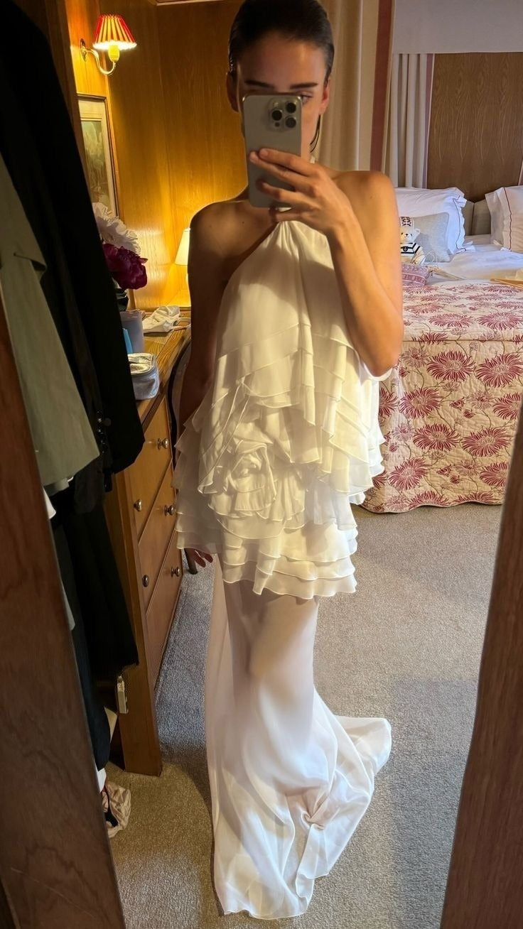 White Halter Chiffon Long Prom Dresses New Arrive Party Dress Evening Dress fg7869