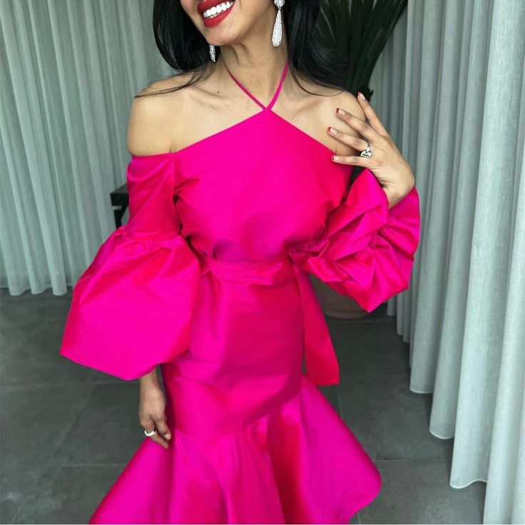 Hot Pink Halter Prom Belt Puff Sleeve Midi Party Dress Elegant Dubai Evening Dresses fg5903