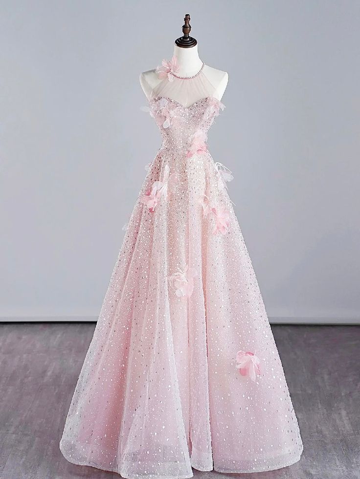 Pink Halter Shiny Tulle Long Prom Dress, Pink Tulle Evening Dress with Flowers cg25052