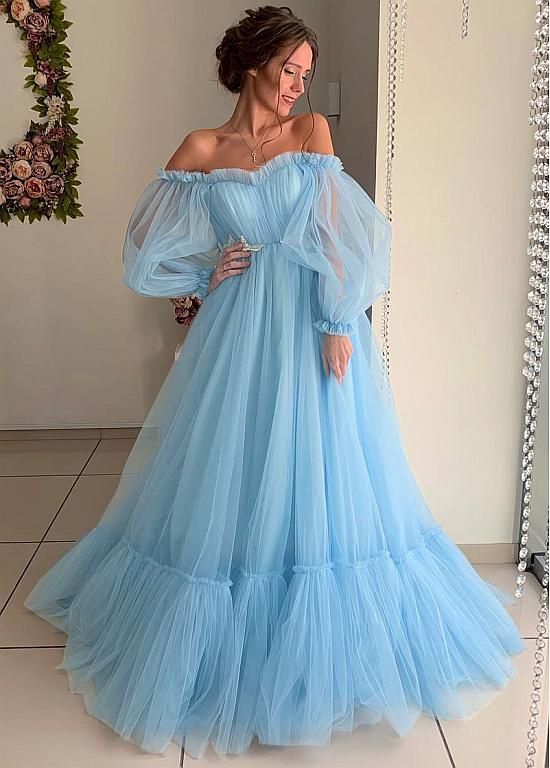 yellow tulle prom dresses long sleeves off shoulder cg10899