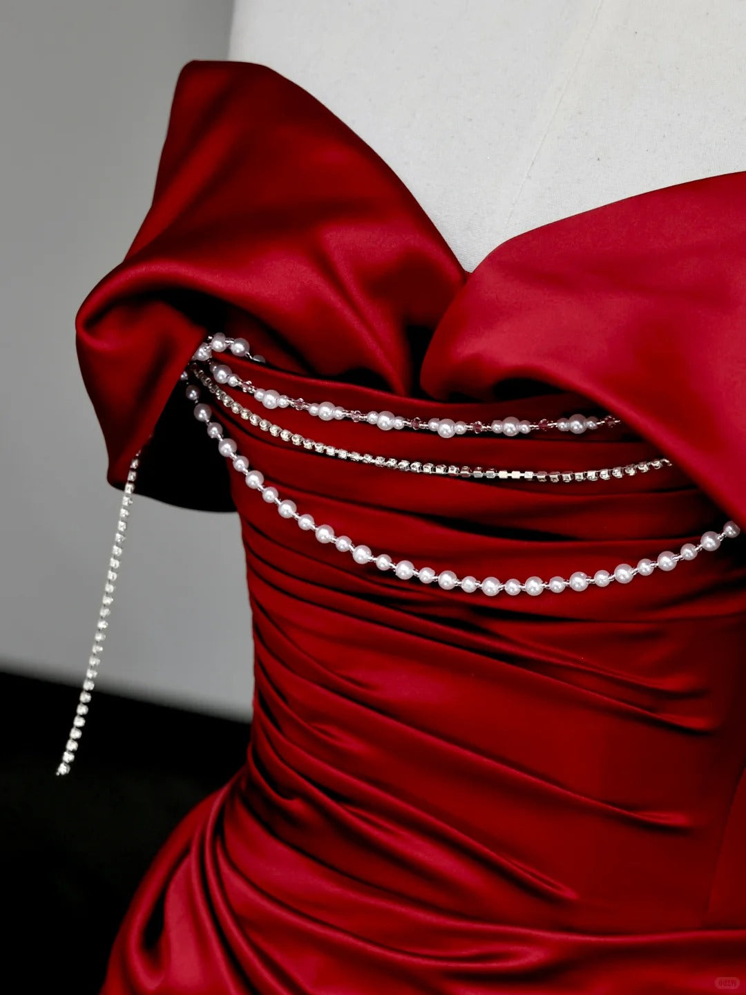 preppydressess -Red pearl beaded long satin prom dress evening dress party dress gh5114
