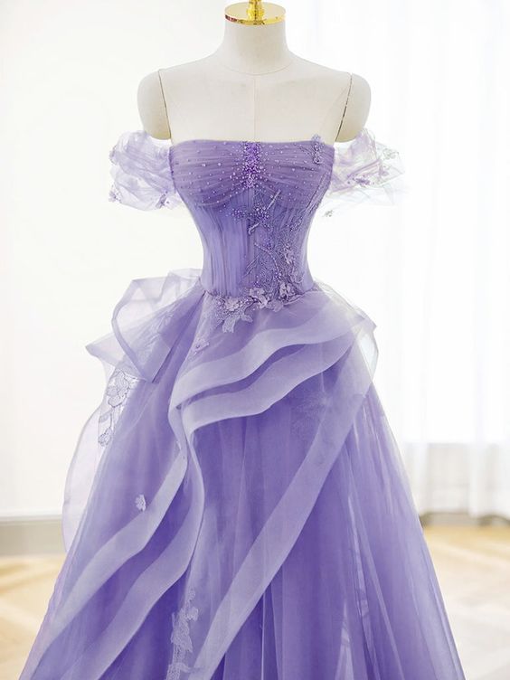 A-Line Off Shoulder Tulle Lace Purple Long Prom Dress, Purple Lace Long Formal Dress cg25024