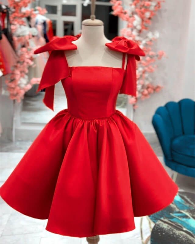 Short Satin Bow Straps Mini Dress Short Prom Party Dress fg5748